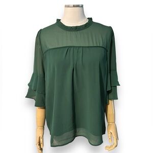 MONTEAU Sheer Green Chiffon 3/4 Length Double Layered Bell Sleeves Top